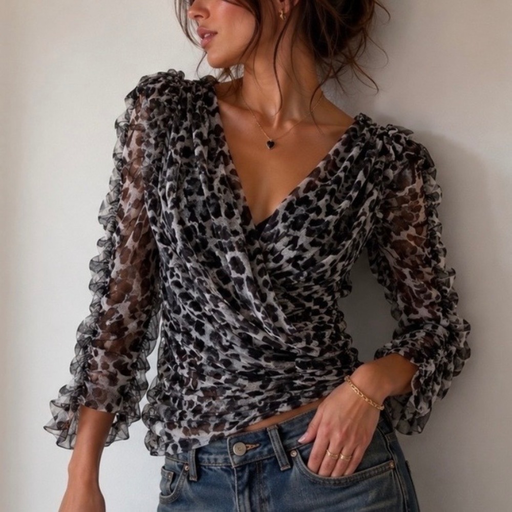 Tadashi Shoji Black & White Sheer Leopard Print Ruffle Wrap Blouse